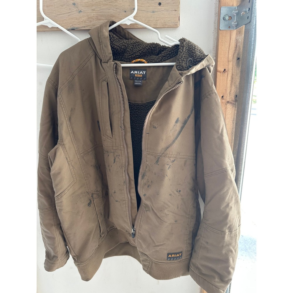 Ariat Rebar Mens XXL Brown Sherpa Lined Canvas Hooded Work Jacket Heavy Duty